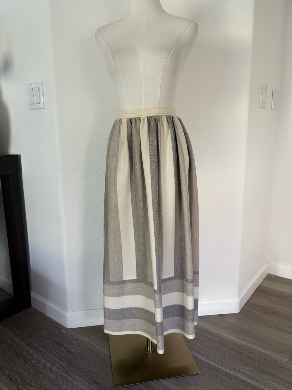 Joan Vass Cream and Gray Striped Maxi Skirt